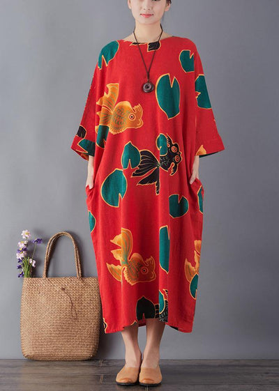 Simple red print cotton dress o neck pockets Maxi summer Dresses - SooLinen
