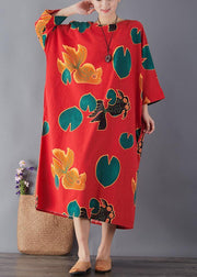 Simple red print cotton dress o neck pockets Maxi summer Dresses - SooLinen