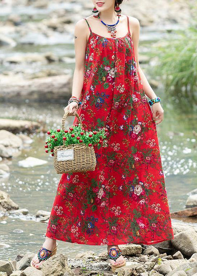 Simple red print cotton quilting dresses sleeveless tie waist A Line summer Dresses - SooLinen
