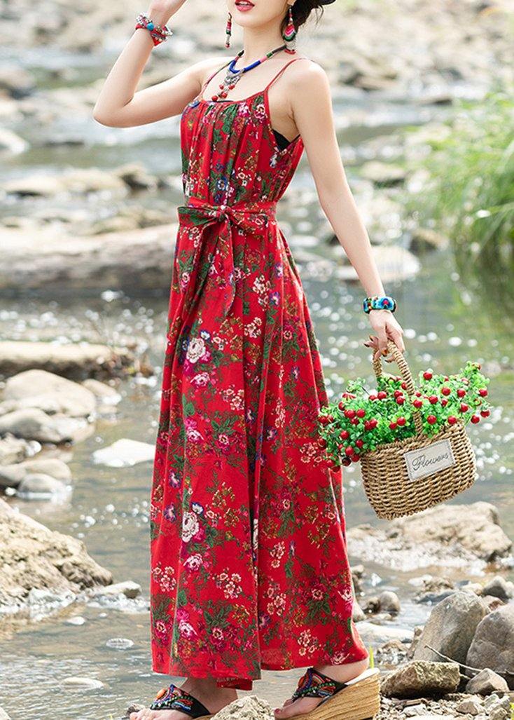 Simple red print cotton quilting dresses sleeveless tie waist A Line summer Dresses - SooLinen