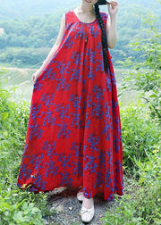 Simple red print linen cotton clothes o neck sleeveless drawstring long summer Dresses - SooLinen