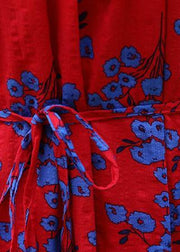 Simple red print linen cotton clothes o neck sleeveless drawstring long summer Dresses - SooLinen