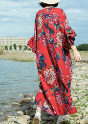 Simple red print linen cotton o neck flare sleeve long summer Dresses - SooLinen