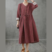 Simple red print top stand collar drawstring Plus Size fall Dress - SooLinen