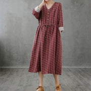 Simple red print top stand collar drawstring Plus Size fall Dress - SooLinen