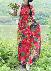 Simple red prints linen dress Casual Outfits short sleeveless Love summer Dress - SooLinen