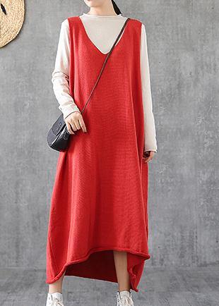 Simple red tunic top v neck sleeveless Maxi Dress - SooLinen