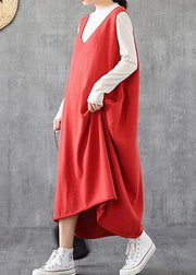 Simple red tunic top v neck sleeveless Maxi Dress - SooLinen
