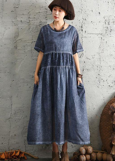 Simple short sleeve linen Wardrobes design blue patchwork Dress summer - SooLinen