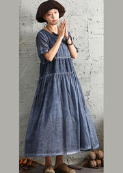 Simple short sleeve linen Wardrobes design blue patchwork Dress summer - SooLinen