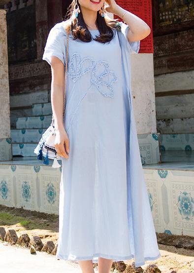 Simple sky blue cotton linen clothes For Women o neck pockets summer Dresses - SooLinen