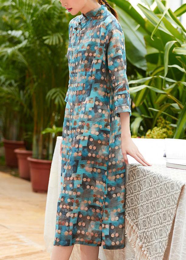 Simple stand collar Chinese Button linen Wardrobes pattern blue dotted Dresses summer - SooLinen