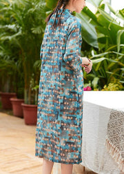 Simple stand collar Chinese Button linen Wardrobes pattern blue dotted Dresses summer - SooLinen