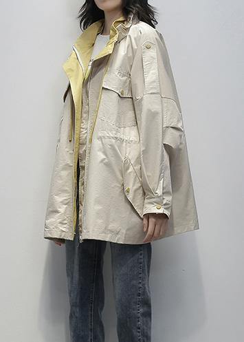 Simple stand collar drawstring Fashion clothes khaki Midi coat - SooLinen