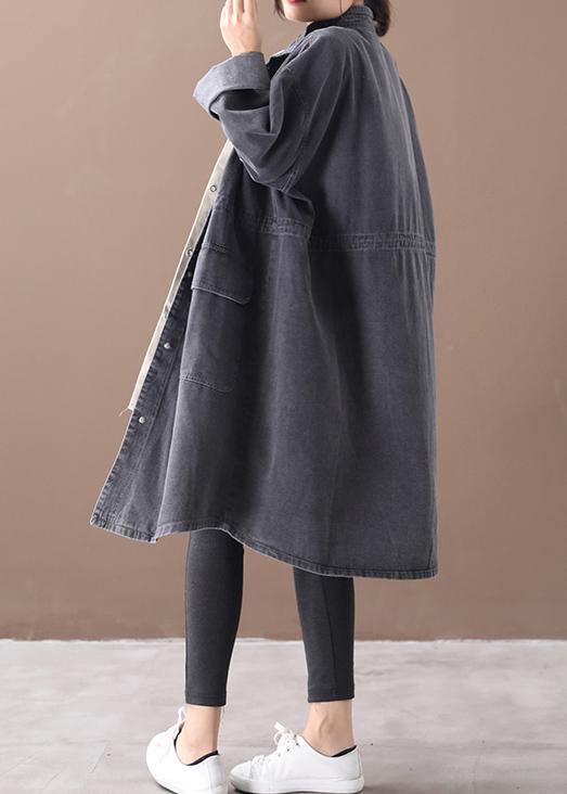 Simple stand collar drawstring Fashion tunic coat denim black Midi women coats - SooLinen