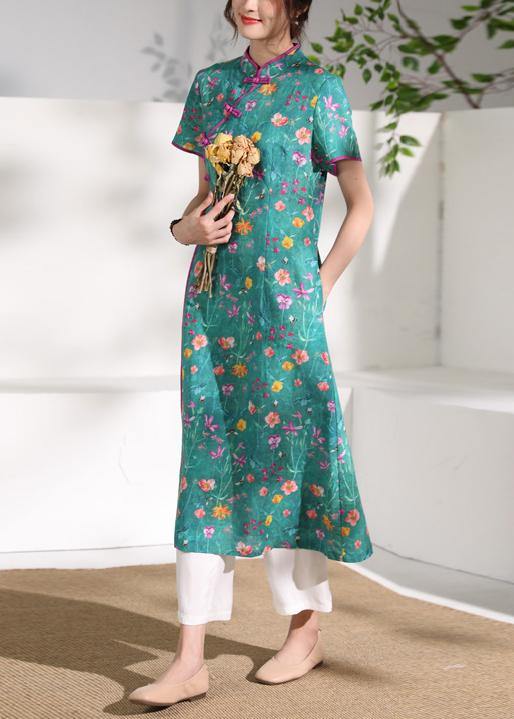 Simple stand collar patchwork linen Wardrobes design green print Dresses - SooLinen