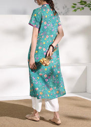 Simple stand collar patchwork linen Wardrobes design green print Dresses - SooLinen