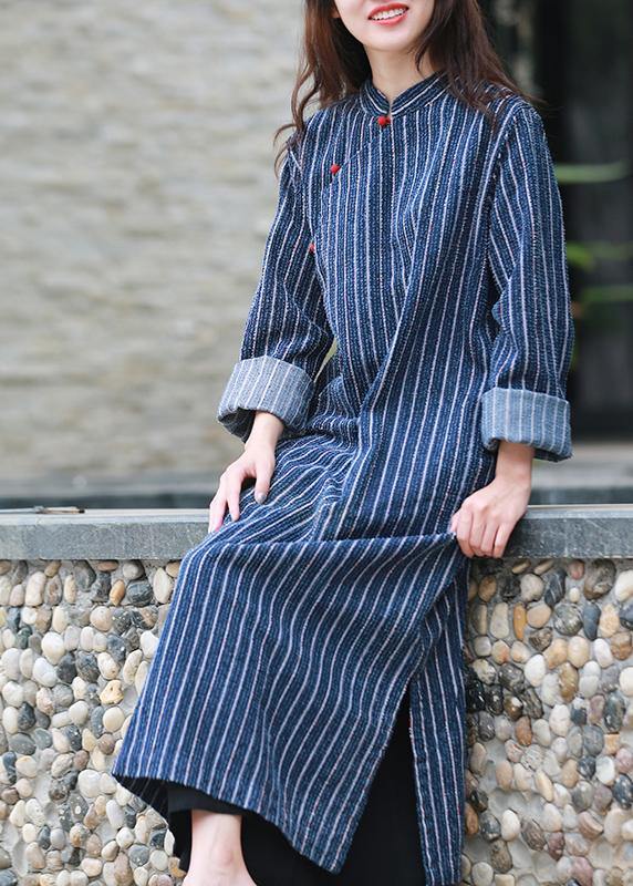 Simple stand collar side open tunic Tutorials denim blue striped A Line Dress - SooLinen