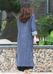 Simple stand collar side open tunic Tutorials denim blue striped A Line Dress - SooLinen
