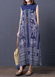 Simple stand collar summer clothes For Women Shape blue Vintage print loose Dresses - SooLinen