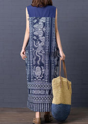 Simple stand collar summer clothes For Women Shape blue Vintage print loose Dresses - SooLinen