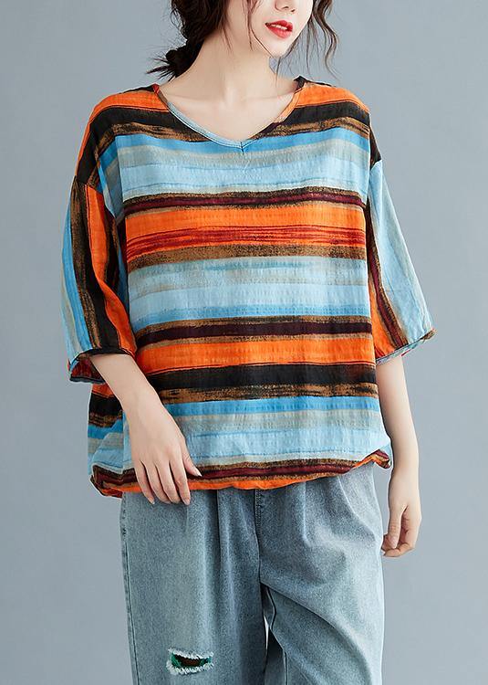 Simple striped linen cotton clothes Work drawstring summer shirt - SooLinen