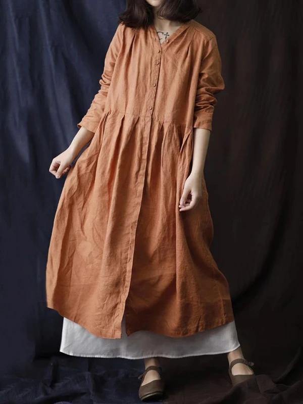 Simple v neck Button Down cotton linen spring dresses red long Dress - SooLinen