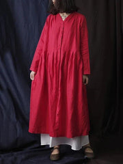 Simple v neck Button Down cotton linen spring dresses red long Dress - SooLinen