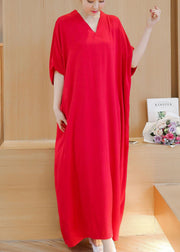 Simple v neck baggy cotton summer quilting dresses Runway rose Maxi Dress - SooLinen
