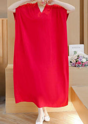 Simple v neck baggy cotton summer quilting dresses Runway rose Maxi Dress - SooLinen