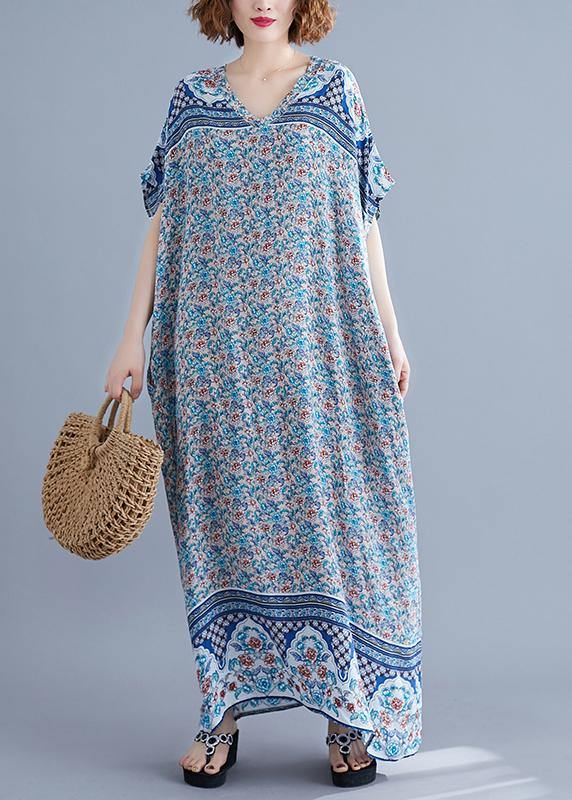 Simple v neck batwing sleeve dresses blue floral Art Dress summer - SooLinen