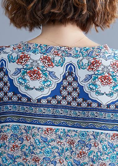 Simple v neck batwing sleeve dresses blue floral Art Dress summer - SooLinen