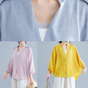Simple v neck batwing sleeve linen crane tops yellow oversized blouses summer - SooLinen