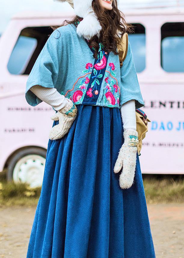 Simple v neck cotton embroidery clothes Women Tutorials blue Art Dresses - SooLinen
