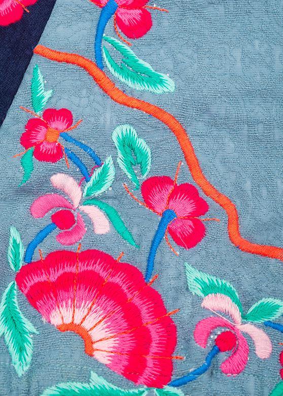 Simple v neck cotton embroidery clothes Women Tutorials blue Art Dresses - SooLinen