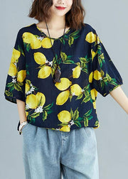 Simple v neck cotton linen summer linen tops women yellow prints Midi blouses - SooLinen