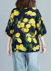 Simple v neck cotton linen summer linen tops women yellow prints Midi blouses - SooLinen