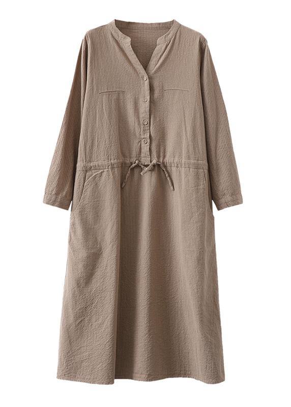 Simple v neck drawstring cotton Soft Surroundings Neckline khaki striped Dress - SooLinen