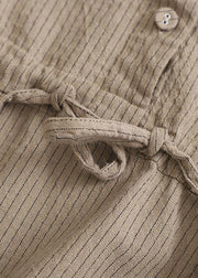 Simple v neck drawstring cotton Soft Surroundings Neckline khaki striped Dress - SooLinen