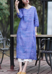 Simple v neck half sleeve cotton dress Shirts blue Dress - SooLinen