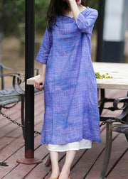 Simple v neck half sleeve cotton dress Shirts blue Dress - SooLinen