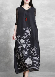 Simple v neck half sleeve summer outfit Catwalk black print Dress - SooLinen