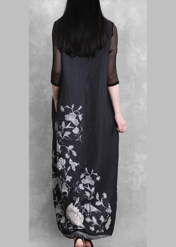 Simple v neck half sleeve summer outfit Catwalk black print Dress - SooLinen