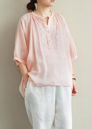 Simple v neck lantern sleeve linen top silhouette Fashion Ideas pink embroidery shirt - SooLinen