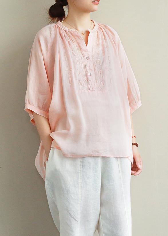 Simple v neck lantern sleeve linen top silhouette Fashion Ideas pink embroidery shirt - SooLinen