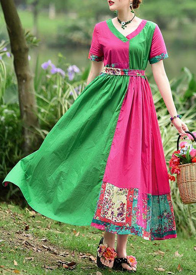 Simple v neck patchwork cotton dresses Shape red green print cotton Dresses summer - SooLinen
