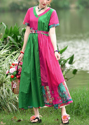 Simple v neck patchwork cotton dresses Shape red green print cotton Dresses summer - SooLinen