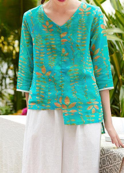 Simple v neck patchwork linen box top Fabrics green prints blouses summer - SooLinen