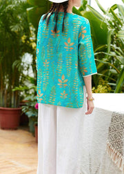 Simple v neck patchwork linen box top Fabrics green prints blouses summer - SooLinen