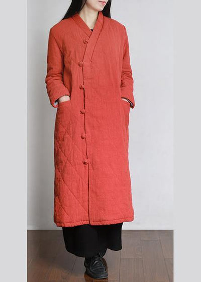 Simple v neck pockets clothes For Women pattern orange Dress - SooLinen